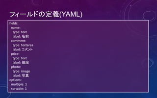 フィールドの定義(YAML)
fields:
name:
type: text
label: 名前
comment:
type: textarea
label: コメント
price:
type: text
label: 値段
photo:
type: image
label: 写真
options:
multiple: 1
sortable: 1
 