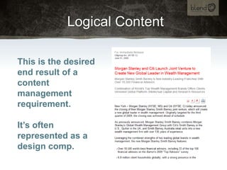 Logical Content<br />This is the desired end result of a content management requirement.<br />It’s often represented as a ...