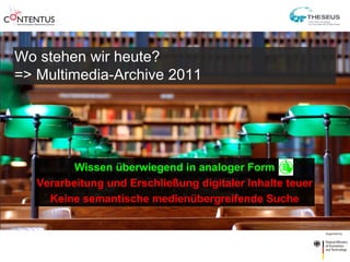 Wo stehen wir heute?
=> Multimedia-Archive 2011




          Wissen überwiegend in analoger Form
   Verarbeitung und Ersc...