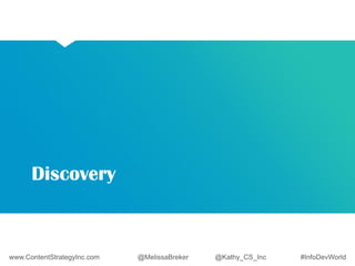 Discovery 
www.ContentStrategyInc.com @MelissaBreker @Kathy_CS_Inc #InfoDevWorld 
 