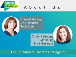 AboutUs 
Content strategy 
CX Research 
Tech Comm 
Content strategy 
Marketing 
Intnl. Business 
Co-Founders of Content Strategy Inc  