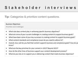Tip: Categorize & prioritize content questions. 
Stakeholderinterviews  