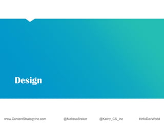 Design 
www.ContentStrategyInc.com @MelissaBreker @Kathy_CS_Inc #InfoDevWorld 
 