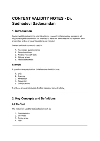 Comprehensive Guide to Content Validity in Research Tools | PDF