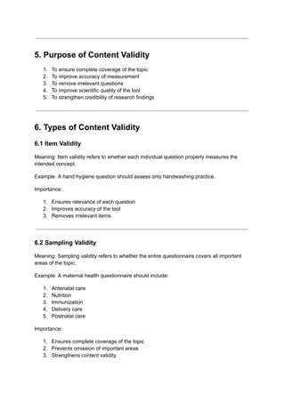 Comprehensive Guide to Content Validity in Research Tools | PDF