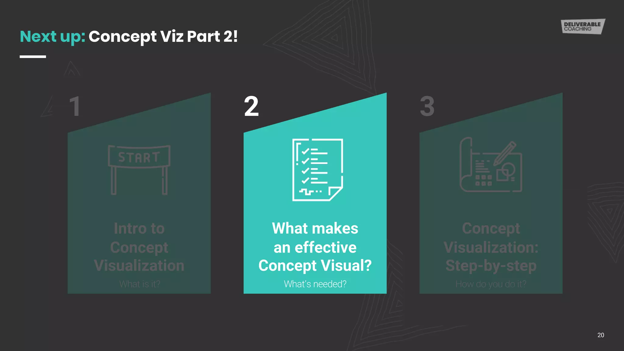Next up: Concept Viz Part 2!
20
Intro to
Concept
Visualization
1
What makes
an effective
Concept Visual?
2
Concept
Visualization:
Step-by-step
3
How do you do it?What is it? What’s needed?
 