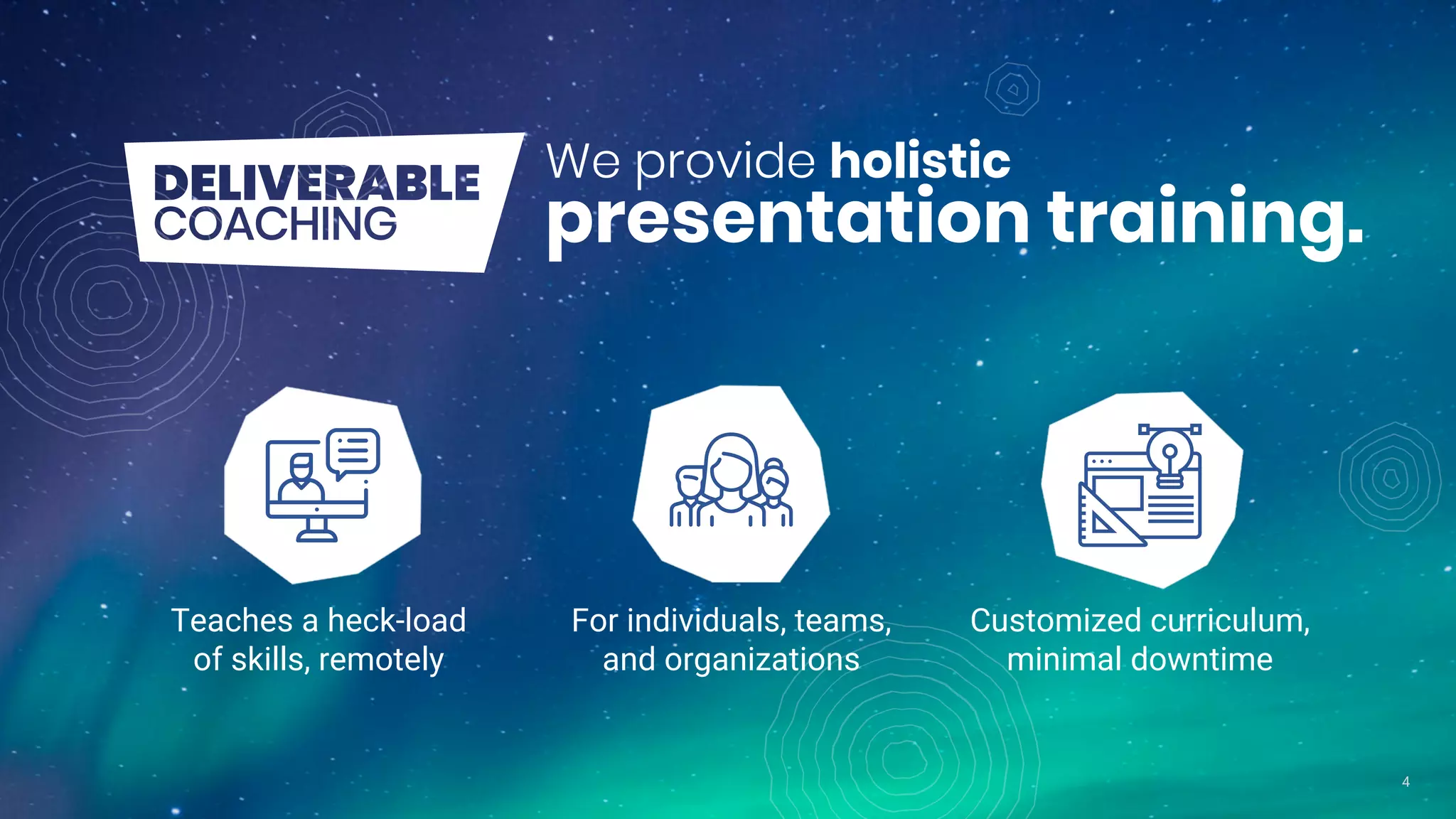 4
We provide holistic
presentation training.
For individuals, teams,
and organizations
Customized curriculum,
minimal downtime
Teaches a heck-load
of skills, remotely
 