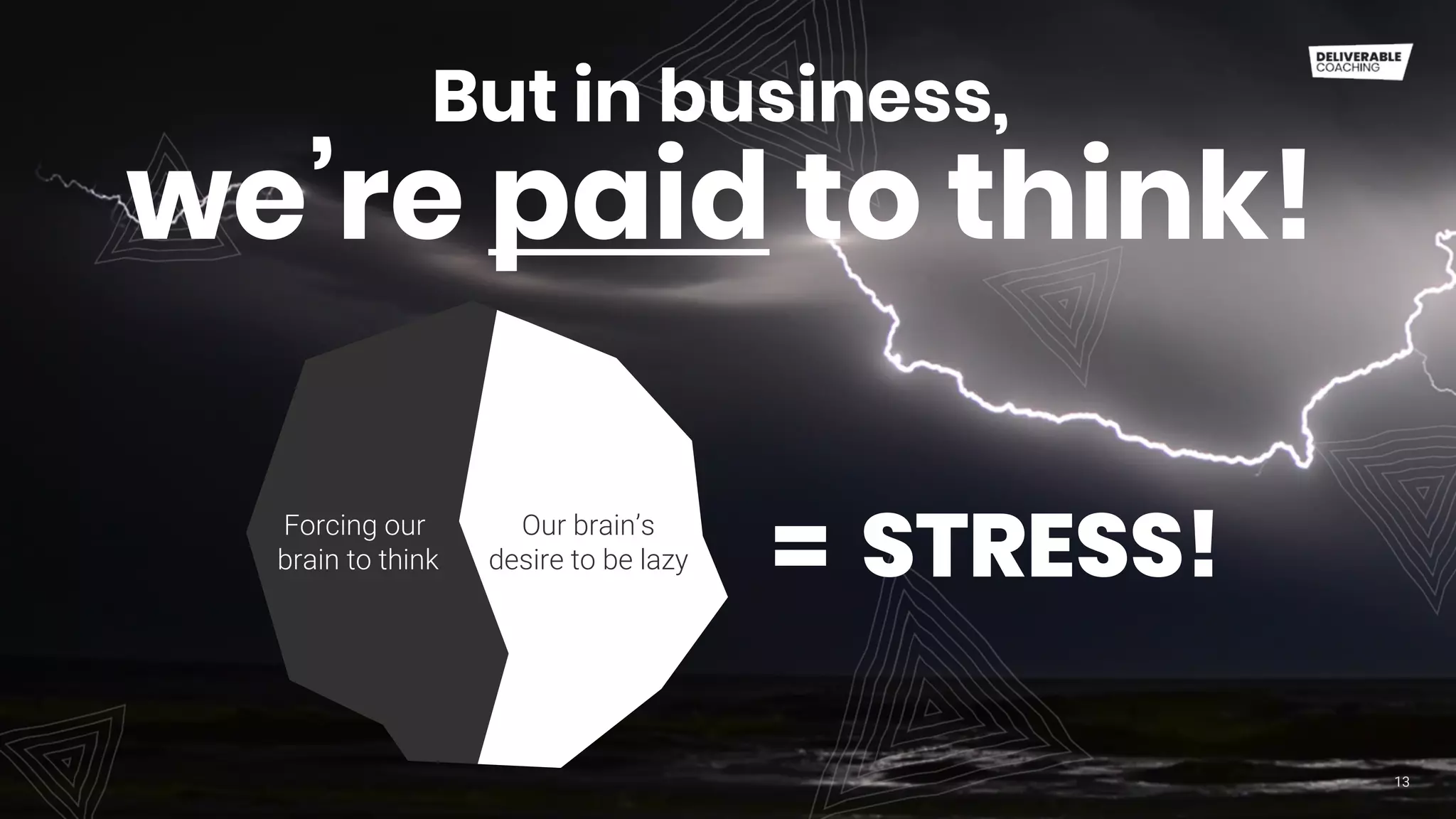 But in business,
we’re paid to think!
13
Our brain’s
desire to be lazy
Forcing our
brain to think = STRESS!
 