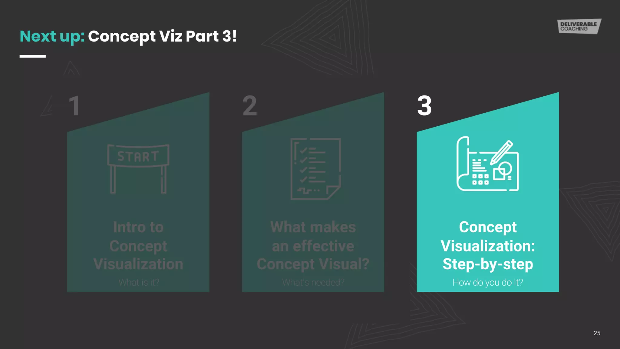 Next up: Concept Viz Part 3!
25
Intro to
Concept
Visualization
1
What makes
an effective
Concept Visual?
2
Concept
Visualization:
Step-by-step
3
How do you do it?What is it? What’s needed?
 