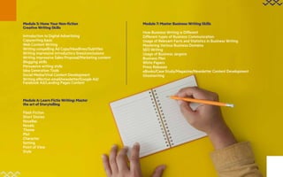 Module 5: Hone Your Non-fiction
Creative Writing Skills
Introduction to Digital Advertising
Copywriting basic
Web Content Writing
Writing compelling Ad Copy/Headlines/Subtitles
Writing impressive introductory lines/conclusions
Writing impressive Sales Proposal/Marketing content
Blogging skills
Persuasive writing style
Idea Generation Tools
Social Media/Viral Content Development
Writing effective email/newsletter/Google Ad/
Facebook Ad/Landing Pages Content
Module 6: Learn Fictio Writing: Master
the art of Storytelling
Flash Fiction
Short Stories
Novellas
Novels
Theme
Plot
Character
Setting
Point of View
Style
Module 7: Master Business Writing Skills
How Business Writing is Different
Different types of Business Communication
Usage of Relevant Facts and Statistics in Business Writing
Mastering Various Business Domains
SEO Writing
Usage of Business Jargons
Business Plan
White Papers
Press Releases
eBooks/Case Study/Magazine/Newsletter Content Development
Ghostwriting
 