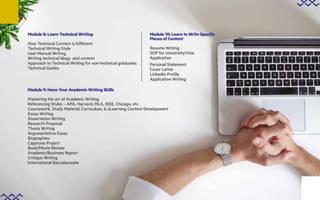 Module 8: Learn Technical Writing
How Technical Content is Different
Technical Writing Style
User Manual Writing
Writing technical blogs and content
Approach to Technical Writing for non-technical graduates
Technical Guides
Module 10: Learn to Write Specific
Pieces of Content
Resume Writing
SOP for University/Visa
Application
Personal Statement
Cover Letter
LinkedIn Profile
Application Writing
Module 9: Hone Your Academic Writing Skills
Mastering the art of Academic Writing
Referencing Styles – APA, Harvard, MLA, IEEE, Chicago, etc.
Coursework, Study Material, Curriculum, & eLearning Content Development
Essay Writing
Dissertation Writing
Research Proposal
Thesis Writing
Argumentative Essay
Biographies
Capstone Project
Book/Movie Review
Academic/Business Report
Critique Writing
International Baccalaureate
 