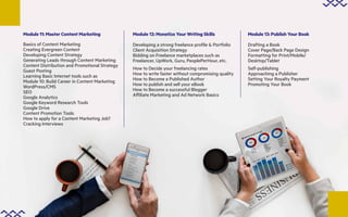 Module 11: Master Content Marketing
Basics of Content Marketing
Creating Evergreen Content
Developing Content Strategy
Generating Leads through Content Marketing
Content Distribution and Promotional Strategy
Guest Posting
Learning Basic Internet tools such as
Module 10: Build Career in Content Marketing
WordPress/CMS
SEO
Google Analytics
Google Keyword Research Tools
Google Drive
Content Promotion Tools
How to apply for a Content Marketing Job?
Cracking Interviews
Module 12: Monetize Your Writing Skills
Developing a strong freelance profile & Portfolio
Client Acquisition Strategy
Bidding on Freelance marketplaces such as
Freelancer, UpWork, Guru, PeoplePerHour, etc.
How to Decide your freelancing rates
How to write faster without compromising quality
How to Become a Published Author
How to publish and sell your eBook
How to Become a successful Blogger
Affiliate Marketing and Ad Network Basics
Module 13: Publish Your Book
Drafting a Book
Cover Page/Back Page Design
Formatting for Print/Mobile/
Desktop/Tablet
Self-publishing
Approaching a Publisher
Setting Your Royalty Payment
Promoting Your Book
 