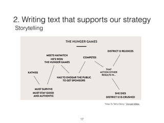 2. Writing text that supports our strategy
17
Storytelling
“How To Tell a Story,” Donald Miller.
 
