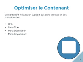 Optimiser le Contenant
11
Le contenant n’est qu’un support qui a une adresse et des
métadonnées.
•  URL
•  Meta Title
•  Meta Description
•  Meta Keywords ?
 