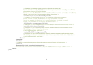 <!--Obligatoire; URI indiquant type de service UPnP ne devant pas contenir de ‘#’
                                   Pour les dispositifs standards, URI de la forme 'urn:schemas-upnp-org:service:' + serviceType + ':' + n°Version.
                                   (rattachement du service à un service standard)
                                   Pour les non standards, URI de la forme 'urn:' + vendorDomainName + ':service:' + serviceType + ':' + n°Version
                                   Dans les 2 cas, serviceType ne doit pas comporter plus de 64 caractères. -->
                                   <serviceId>urn:upnp-org:serviceId:serviceID</serviceId>
                                   <!--Obligatoire; URI identifiant du service. Doit être unique dans la description du dispositif.
                                   Pour les dispositifs standards, URI de la forme 'urn:upnp-org:serviceId:' + serviceId
                                   Pour les non standards, URI de la forme ‘urn:’ + vendorDomainName + ':serviceId:' + serviceId
                                   Dans les 2 cas, serviceId ne doit pas comporter plus de 64 caractères. -->
                                   <SCPDURL>URL to service description</SCPDURL>
                                   <!--Obligatoire: url vers le fichier description du service. Doit être relative par rapport au fichier courant -->
                                   <controlURL>URL for control</controlURL>
                                   <!--Obligatoire: url vers le répertoire control du service. Doit être relative par rapport au fichier courant.
                                   URL utilisée pour s'abonner et pour faire des actions.
                                   Si pas de répertoire control, balise vide -->
                                   <eventSubURL>URL for eventing</eventSubURL>
                                   <!--Obligatoire: url vers le répertoire eventSub du service. Doit être relative par rapport au fichier courant.
                                   URL utilisée pour s’abonner à des évènements. Deux services ne peuvent pas avoir la même url d’eventSub -->
                                   Si pas de répertoire control, balise vide -->
                          </service>
                 </serviceList>
                 <deviceList>
                 <!--Obligatoire si et seulement si le dispositif possède des dispositifs intégrés. Contient des balises 'device' -->
                 </deviceList>
                 <presentationURL>URL for presentation</presentationURL>
                 <!-- Recommandé; url vers le fichier presentation.html du dispositif. Doit être relative par rapport au fichier courant -->
          </device>
</root>




                                                                                    3
 