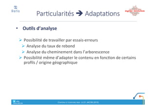 2) Préparer
• Convenir(du#message#important#
et#établir#le#plan#de#l’article#
! Composants)de)l’article)(paragraphes,)intertitres,)images,)
infographies,-call$to$action…)
! Structure'de'l’article'(l’ordre'dans'lequel'les'composants'se'
placent)
!Qu’est!ce qui$est important)/)secondaire ?
• Identification+des+mots!clés
! Via$une$analyse$des$propositions$de$Google$Suggest ou#la#
consultation*de*Google*Analytics
! Via$un$brainstorming,$
! Via$une$analyse$concurrence
Méthode(– 2e étape
retis&&&&
www.retis.be
Contenu'et'écriture'web'! (c)$D.$JACOB$(2016)
3) Rédiger(:
• Le#chapeau
• Le#cœur#de#l’article
• Le#titre
Méthode(– 3e étape
retis&&&&
www.retis.be
Contenu'et'écriture'web'! (c)$D.$JACOB$(2016)
 
