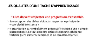 LES QUALITES D’UNE TACHE D’APPRENTISSAGE
• Elles doivent respecter une progression d’ensemble.
• La conception des tâches doit aussi respecter le principe de
« complexité croissante »
• « organisation par emboîtement progressif » et non à une « simple
juxtaposition ». Le tout doit être articulé selon une cohérence
verticale (liens d’interdépendance et de complémentarité).
 