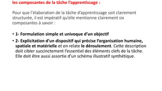 les composantes de la tâche l’apprentissage :
Pour que l’élaboration de la tâche d’apprentissage soit clairement
structurée, il est impératif qu’elle mentionne clairement six
composantes à savoir :
• 1- Formulation simple et univoque d’un objectif
• 2- Explicitation d’un dispositif qui précise l’organisation humaine,
spatiale et matérielle et en relate le déroulement. Cette description
doit cibler succinctement l’essentiel des éléments clefs de la tâche.
Elle doit être aussi assortie d’un schéma illustratif synthétique.
 
