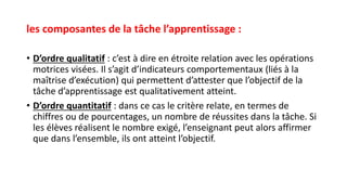 les composantes de la tâche l’apprentissage :
• D’ordre qualitatif : c’est à dire en étroite relation avec les opérations
motrices visées. Il s’agit d’indicateurs comportementaux (liés à la
maîtrise d’exécution) qui permettent d’attester que l’objectif de la
tâche d’apprentissage est qualitativement atteint.
• D’ordre quantitatif : dans ce cas le critère relate, en termes de
chiffres ou de pourcentages, un nombre de réussites dans la tâche. Si
les élèves réalisent le nombre exigé, l’enseignant peut alors affirmer
que dans l’ensemble, ils ont atteint l’objectif.
 