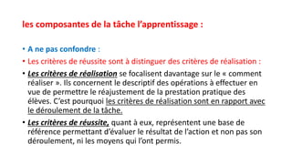 les composantes de la tâche l’apprentissage :
• A ne pas confondre :
• Les critères de réussite sont à distinguer des critères de réalisation :
• Les critères de réalisation se focalisent davantage sur le « comment
réaliser ». Ils concernent le descriptif des opérations à effectuer en
vue de permettre le réajustement de la prestation pratique des
élèves. C’est pourquoi les critères de réalisation sont en rapport avec
le déroulement de la tâche.
• Les critères de réussite, quant à eux, représentent une base de
référence permettant d’évaluer le résultat de l’action et non pas son
déroulement, ni les moyens qui l’ont permis.
 