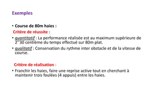 Exemples
• Course de 80m haies :
Critère de réussite :
• quantitatif : La performance réalisée est au maximum supérieure de
2’’30 centième du temps effectué sur 80m plat.
• qualitatif : Conservation du rythme inter obstacle et de la vitesse de
course.
Critère de réalisation :
• Franchir les haies, faire une reprise active tout en cherchant à
maintenir trois foulées (4 appuis) entre les haies.
 