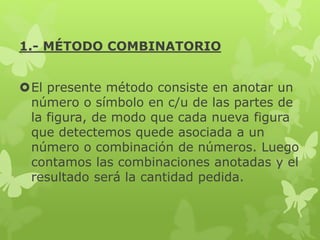 1.- MÉTODO COMBINATORIO

El presente método consiste en anotar un
número o símbolo en c/u de las partes de
la figura, de modo que cada nueva figura
que detectemos quede asociada a un
número o combinación de números. Luego
contamos las combinaciones anotadas y el
resultado será la cantidad pedida.

 