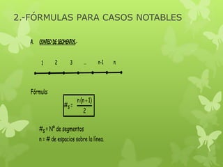 2.-FÓRMULAS PARA CASOS NOTABLES
A. CONTEO DE SEGMENTOS.1

2

3

Fórmula:
#s =

…

n-1

n (n  1)
2

#s = Nº de segmentos

n = # de espacios sobre la línea.

n

 