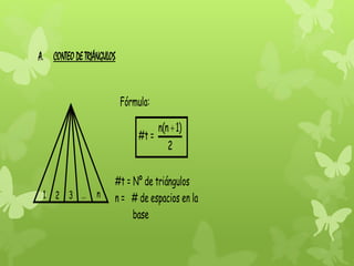 A. CONTEO DE TRIÁNGULOS

Fórmula:
#t =

1 2 3 …

n

n(n  1)
2

#t = Nº de triángulos
n = # de espacios en la
base

 