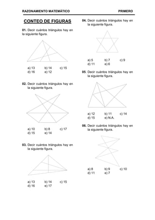 RAZONAMIENTO MATEMÁTICO PRIMERO
CONTEO DE FIGURAS
01. Decir cuántos triángulos hay en
la siguiente figura.
a) 13 b) 14 c) 15
d) 16 e) 12
02. Decir cuántos triángulos hay en
la siguiente figura.
a) 10 b) 8 c) 17
d) 15 e) 14
03. Decir cuántos triángulos hay en
la siguiente figura.
a) 13 b) 14 c) 15
d) 16 e) 17
04. Decir cuántos triángulos hay en
la siguiente figura.
a) 5 b) 7 c) 9
d) 11 e) 6
05. Decir cuántos triángulos hay en
la siguiente figura.
a) 12 b) 11 c) 14
d) 15 e) N.A.
06. Decir cuántos triángulos hay en
la siguiente figura.
a) 8 b) 9 c) 10
d) 11 e) 7
 