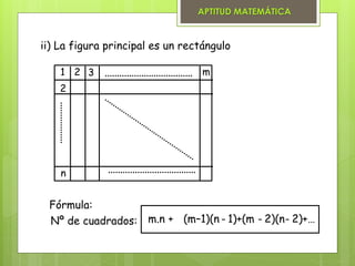 APTITUD MATEMÁTICA
ii) La figura principal es un rectángulo
Fórmula:
Nº de cuadrados:
2
n
1 2 3 m
m.n + (m–1)(n - 1)+(m - 2)(n- 2)+…
 