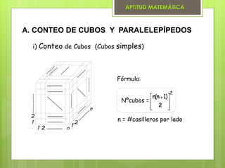 APTITUD MATEMÁTICA
A. CONTEO DE CUBOS Y PARALELEPÍPEDOS
i) Conteo de Cubos (Cubos simples)
1
2
1 2 n 1
2
n
Fórmula:
Nºcubos =
2
2
)1n(n







 +
n = #casilleros por lado
 
