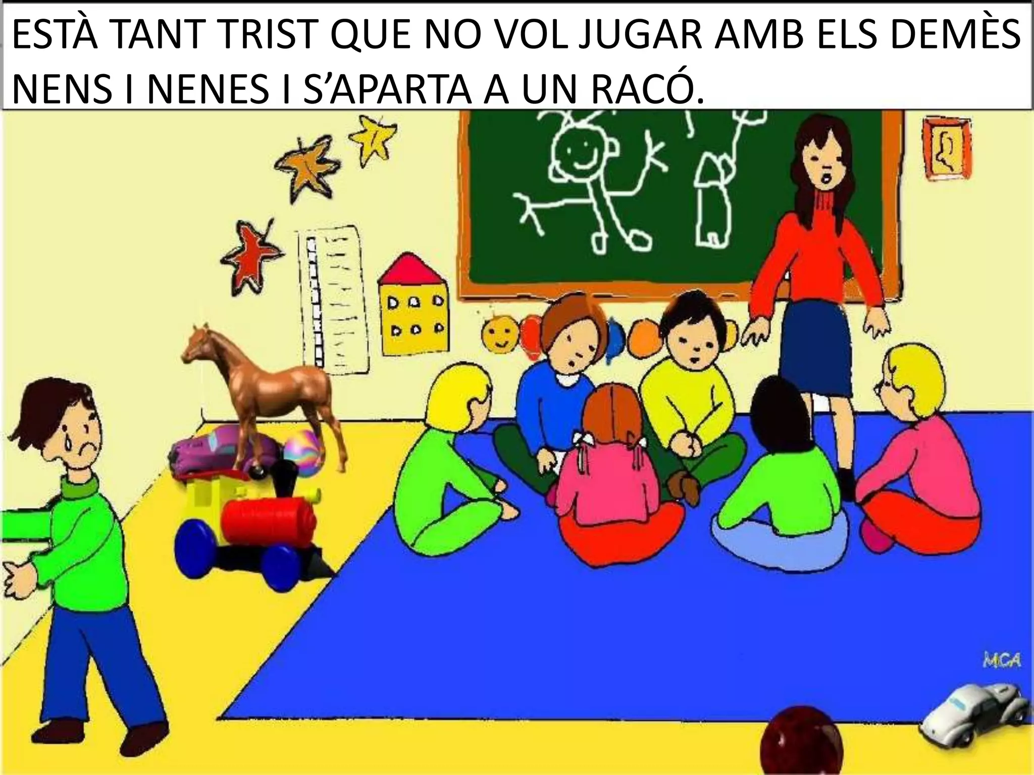 ESTÀ TANT TRIST QUE NO VOL JUGAR AMB ELS DEMÈS
NENS I NENES I S’APARTA A UN RACÓ.

 