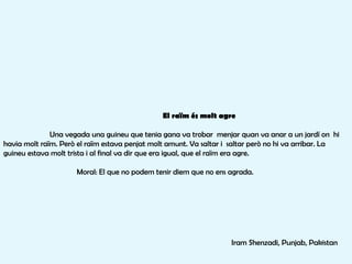 Iram Shenzadi, Punjab, Pakistan El raïm és molt agre   Una vegada una guineu que tenia gana va trobar  menjar quan va anar a un jardí on  hi havia molt raïm. Però el raïm estava penjat molt amunt. Va saltar i  saltar però no hi va arribar. La guineu estava molt trista i al final va dir que era igual, que el raïm era agre.   Moral: El que no podem tenir diem que no ens agrada.   