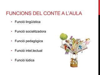 FUNCIONS DEL CONTE A L’AULA
• Funció lingüística
• Funció socialitzadora
• Funció pedagògica
• Funció intel.lectual
• Funció lúdica
 