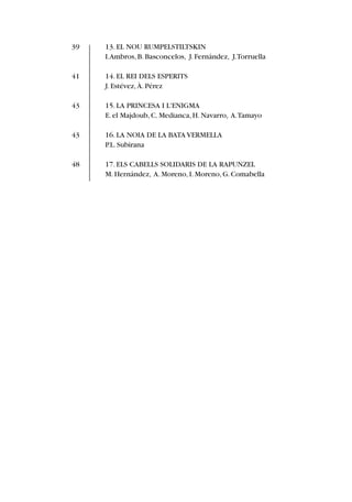 13.EL NOU RUMPELSTILTSKIN
I.Ambros,B.Basconcelos, J.Fernández, J.Torruella
14.EL REI DELS ESPERITS
J.Estévez,À.Pérez
15.LA PRINCESA I L'ENIGMA
E.el Majdoub,C.Medianca,H.Navarro, A.Tamayo
16.LA NOIA DE LA BATA VERMELLA
P.L.Subirana
17.ELS CABELLS SOLIDARIS DE LA RAPUNZEL
M.Hernández, A.Moreno,I.Moreno,G.Comabella
39
41
43
43
48
 