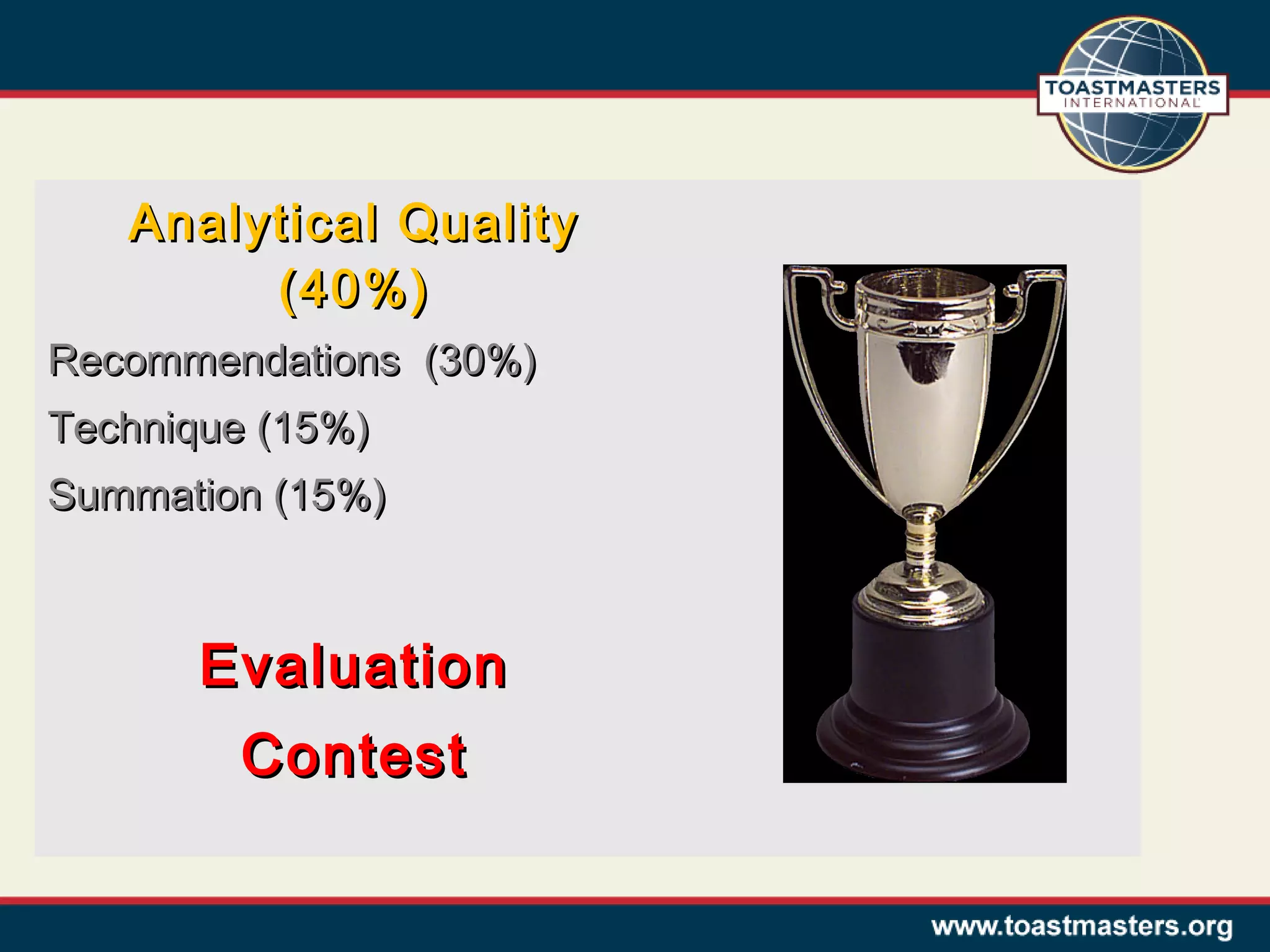 Analytical Quality
(40%)
Recommendations (30%)
Technique (15%)
Summation (15%)

Evaluation
Contest

 