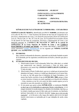 EXPEDIENTE : 02-2022 FC
EXPECIALISTA: LUZ KATHERINE
VARGAS CHUNCHO
CUADERNO : PRINCIPAL
SUMILLA : CONTESTO DEMANDA
DE ALIMENTOS
SEÑOR JUEZ DE PAZ LETRADO DE TAMBOBAMBA – COTABAMBAS
GERMAN GARATE MEDINA, identificado con DNI N° 41484404, con dominio real
en la calle 59, Mz. E Lt. 7. Villa Jicamarca del distrito de San Juan de Lurigancho de la
provincia y departamento de Lima y con domicilio procesal para efectos de notificación
en la Av. Wiesse Cdra. 41. Mx. N7, Lote 44, Asoc. de Vivienda 05 de noviembre oficina
16 del distrito de San Juan de Lurigancho, Provincia y Departamento de Lima y con
domicilio procesal en: CASTILLA DE PALACIO N° 19875 de la central de
notificaciones de la Corte Superior de Justicia de Lima y con CASILLA
ELECTRONICA N°110437 del SINOE, con Celular 982130264 y 969210410 con
correo electrónico rycardo_32@gmail.com en los seguidos por NORMA GASPAR
QUISPE, sobre ALIMENTOS: a Ud. Digo:
I. PETIROTIO
Que, contesto la demanda de alimentos, esperando sea declarado fundado en parte
de la demanda, por las siguientes consideraciones de hecho y derecho que paso a
exponer:
II. FUNDAMENTOS DE HECHO.
1. Absolviendo el punto 1) de la demanda, Señor Juez, debo decir, es verdad
que mantuvieron una relación convivencia y fruto de dicho amor
procrearon a mi menor hijo ANGELO FARID GARATE GASPAR de
12 años de edad.
2. Absolviendo el Punto 2) debo decir, que no es verdad que mi persona hizo
abandono de hogar y menos es verdad que abandonara en mi menor hijo,
lo cierto es, fue ella quien hizo el abandono de hogar llevándose a mi
menor hijo hecho ocurrido el mes de JUNIO DEL 2008, porque si bien
es cierto nosotros vivíamos en cuarto aquillado en el distrito de la Molina
– Lima, mientras yo me fui a mi centro de labro cuando regrese ya no la
encontré en casa solo encontré un colchón viejo.
3. El otro punto que quiere aclarar SEÑOR JUEZ, es totalmente FALSO,
es decir que yo la maltrataba en agresiones físicas y psicológicas, yo en
ningún momento la tocaba tampoco la ofendía ni la insultaba, más bien yo
la cuidad y trataba que nunca le falto nada, por el contrario, sus familiares
(primas) intercedían en mi relación diciendo “como vas a vivir en este
cuartucho”, se la llevaron a ella, luego ella regreso, pero ya no era igual
nuestra convivencia se molestaba por lo que trabajaba de noche como
vigilante.
 