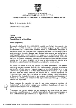 Contestación del asambleísta Mauro Andino a soicitud de Montufar 