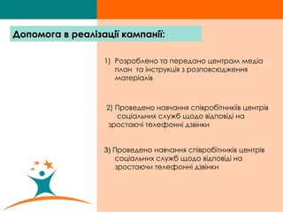 Розроблено та передано центрам медіа план  та інструкція з розповсюдження матеріалів 2) Проведено навчання співробітникіів центрів соціальних служб щодо відповіді на зростаючі телефонні дзвінки 3)  Проведено навчання співробітників центрів соціальних служб щодо відповіді на зростаючи телефонні дзвінки Допомога в реалізації кампанії: 