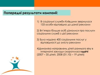 В соціальні служби Київщини звернулося 133 особи відповідно до даної реклами 2) Вп ’ ятеро більше осіб дізналися про послуги соціальних служб з цієї реклами 3) Було надано 400 соціальних послуг у відповідності до змісту реклами 4)Динаміка направлень дітей раннього віку в інтернатні заклади скоротилася  вдвічі (2007 – 35 дітей, 2008 (01.10) – 19 дітей) Попередні результати кампанії: 