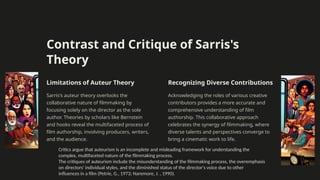 Contrast and Critique of Sarris's
Theory
Limitations of Auteur Theory
Sarris's auteur theory overlooks the
collaborative nature of filmmaking by
focusing solely on the director as the sole
author. Theories by scholars like Bernstein
and hooks reveal the multifaceted process of
film authorship, involving producers, writers,
and the audience.
Recognizing Diverse Contributions
Acknowledging the roles of various creative
contributors provides a more accurate and
comprehensive understanding of film
authorship. This collaborative approach
celebrates the synergy of filmmaking, where
diverse talents and perspectives converge to
bring a cinematic work to life.
Critics argue that auteurism is an incomplete and misleading framework for understanding the
complex, multifaceted nature of the filmmaking process.
The critiques of auteurism include the misunderstanding of the filmmaking process, the overemphasis
on directors' individual styles, and the diminished status of the director's voice due to other
influences in a film (Petrie, G., 1973; Naremore, J. , 1990).
 