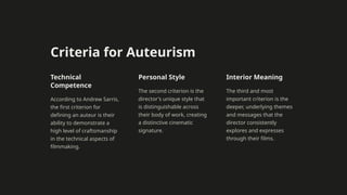 Criteria for Auteurism
Technical
Competence
According to Andrew Sarris,
the first criterion for
defining an auteur is their
ability to demonstrate a
high level of craftsmanship
in the technical aspects of
filmmaking.
Personal Style
The second criterion is the
director's unique style that
is distinguishable across
their body of work, creating
a distinctive cinematic
signature.
Interior Meaning
The third and most
important criterion is the
deeper, underlying themes
and messages that the
director consistently
explores and expresses
through their films.
 
