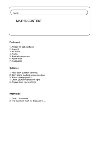 Questions For Math Contest Comprehensive Maths Contest Quiz Covering Algebra, Geometry, and ...