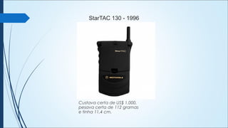 StarTAC 130 - 1996
Custava certa de US$ 1.000,
pesava certa de 112 gramas
e tinha 11,4 cm.
 