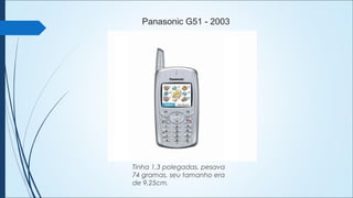 Panasonic G51 - 2003
Tinha 1,3 polegadas, pesava
74 gramas, seu tamanho era
de 9,25cm.
 