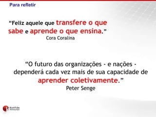 Para refletir
“Feliz aquele que transfere o que
sabe e aprende o que ensina.”
Cora Coralina
“O futuro das organizações - e nações -
dependerá cada vez mais de sua capacidade de
aprender coletivamente.”
Peter Senge
 