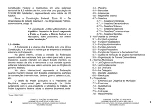 Constituição Federal e distribuídos em uma extensão                        4.3 – Plenário
territorial de 8,5 milhões de Km, onde vive uma população de               4.4 – Bancadas
174.632.960 habitantes1, representando uma média de 20                     4.5 – Lideranças
hab/km.                                                                    4.6 – Regimento Interno
        Reza a Constituição Federal, Título III – Da                       4.7 – Sessões
Organização do Estado, Capítulo I – Da Organização Político-                   4.7.1 – Sessões Ordinárias
administrativa, artigo 18:                                                     4.7.2 – Sessões Extraordinárias
                                                                               4.7.3 – Sessões Solenes
                         “A organização político-administrativa da             4.7.4 – Sessões Especiais
                         República Federativa do Brasil compreende             4.7.5 – Sessões Comemorativas
                         a União, os Estados, o Distrito Federal e os          4.7.6 – Sessões Secretas
                         Municípios, todos autônomos, nos termos        5 - As Funções do Vereador
                         desta Constituição.”                              5.1 – Função Legislativa
                                                                           5.2 – Função Fiscalizadora
1.1 – União                                                                5.3 – Função Administrativa
       A Federação é a aliança dos Estados sob uma Única                   5.4 – Função Judiciária
Constituição, e a União é o nome que se empresta à entidade                5.5 – Função Propositiva
soberana da Federação.                                                     5.6 – Função de Organizar a Sociedade Civil
       No plano interno, revela a vontade da Federação                     5.7 – Auxilio na formação de grupos representativos
quando edita leis nacionais (leis que valem para todo o povo               5.8 – Organização de Foruns Comunitários
brasileiro), quando intervém em algum Estado membro, ou                 6 – Normas Municipais
decreta estado de sítio e demonstra a sua vontade quando                   6.1 - Lei Orgânica do Município
edita leis federais (leis que valem somente para os Órgãos do              6.2 - Lei Complementar
governo federal).                                                          6.3 – Lei Ordinária
       No plano internacional, representa a Federação                      6.4 – Lei Delegada
quando mantém relação com Estados estrangeiros, participa                  6.5 – Decreto Legislativo
de convenções internacionais, declara guerra, celebra a paz,               6.6 – Resolução
etc.                                                                    7 – Proposituras
       O chefe do Poder Executivo é o Presidente da                        7.1 – Emenda à Lei Orgânica do Município
República, responsável pela administração da União                         7.2 – Emendas
juntamente com o vice-presidente e Ministros de Estado. O                  7.3 – Substitutivos
Poder Legislativo federal adota o sistema bicameral, onde                  7.4 – Moção
                                                                           7.5 – Indicação
1                                                                          7.6 – Requerimento
    Fonte: IBGE 2002.

                            CURSO AS FUNÇÕES DO VEREADOR                              CURSO AS FUNÇÕES DO VEREADOR
                          ASSEMBLÉIA LEGISLATIVA DE SÃO PAULO                       ASSEMBLÉIA LEGISLATIVA DE SÃO PAULO
     8             GABINETE DO DEPUTADO ESTADUAL VANDERLEI SIRAQUE           GABINETE DO DEPUTADO ESTADUAL VANDERLEI SIRAQUE     5
                                  NOVEMBRO DE 2004                                          NOVEMBRO DE 2004
 
