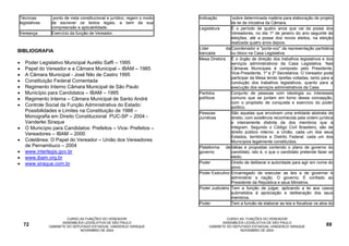 Técnicas         ponto de vista constitucional e jurídico, regem o modo   Indicação         sobre determinada matéria para elaboração de projeto
legislativas    de escrever os textos legais, a bem da sua                                 de lei de iniciativa da Câmara.
                compreensão e aplicabilidade.                             Legislatura      É o período de quatro anos que vai da posse dos
Vereança        Exercício da função de Vereador.                                           Vereadores, no dia 1º de janeiro do ano seguinte às
                                                                                           eleições, até a posse dos novos eleitos, na eleição
                                                                                           realizada quatro anos depois.
                                                                          Líder         da Coordenador e "porta-voz" da representação partidária
BIBLIOGRAFIA                                                              bancada          ou bloco na Casa Legislativa.
                                                                          Mesa Diretora É o órgão de direção dos trabalhos legislativos e dos
•   Poder Legislativo Municipal Aurélio Saffi – 1995                                       serviços administrativos da Casa Legislativa. Nas
•   Papel do Vereador e a Câmara Municipal – IBAM – 1985                                   Câmaras Municipais é composto pelo Presidente,
•   A Câmara Municipal - José Nilo de Castro 1995                                          Vice-Presidente, 1º e 2º Secretários. O Vereador pode
                                                                                           participar da Mesa tendo tarefas voltadas, tanto para a
•   Constituição Federal Comentada                                                         condução dos trabalhos legislativos, quanto para a
•   Regimento Interno Câmara Municipal de São Paulo                                        execução dos serviços administrativos da Casa.
•   Município para Candidatos – IBAM – 1995                               Partidos         Conjunto de pessoas com ideologia ou interesses
•   Regimento Interna – Câmara Municipal de Santo André                   políticos        comuns que se juntam em torno dessa concepção,
                                                                                           com o propósito de conquista e exercício do poder
•   Controle Social da Função Administrativa do Estado:                                    político.
    Possibilidades e Limites na Constituição de 1988 –                    Pessoas          São aquelas que envolvem uma entidade abstrata de
    Monografia em Direito Constitucional PUC-SP – 2004 -                  Jurídicas        direito, com existência reconhecida pela ordem jurídica
    Vanderlei Siraque                                                                      e inteiramente distinta da dos membros que a
•   O Município para Candidatos: Prefeitos – Vice- Prefeitos –                             integram. Segundo o Código Civil Brasileiro, são de
    Vereadores – IBAM – 2000                                                               direito público interno: a União, cada um dos seus
                                                                                           Estados, territórios e Distrito Federal; cada um dos
•   Coletânea: O Papel do Vereador – União dos Vereadores                                  Municípios legalmente constituídos.
    de Pernambuco – 2004                                                  Plataforma    de Idéias e propostas contendo o plano de governo do
•   www.interlegis.gov.br                                                 governo          candidato, isto é, o que o candidato pretende fazer se
•   www.ibam.org.br                                                                        eleito.
•   www.siraque.com.br                                                    Poder            Direito de deliberar e autoridade para agir em nome do
                                                                                           povo.
                                                                          Poder Executivo Encarregado de executar as leis e de governar e
                                                                                           administrar a nação. O governo. É confiado ao
                                                                                           Presidente da República e seus Ministros.
                                                                          Poder Judiciário Tem a função de julgar, aplicando a lei aos casos
                                                                                           submetidos à apreciação e deliberação dos seus
                                                                                           membros.
                                                                          Poder            Tem a função de elaborar as leis e fiscalizar os atos do


                        CURSO AS FUNÇÕES DO VEREADOR                                    CURSO AS FUNÇÕES DO VEREADOR
                      ASSEMBLÉIA LEGISLATIVA DE SÃO PAULO                             ASSEMBLÉIA LEGISLATIVA DE SÃO PAULO
    72         GABINETE DO DEPUTADO ESTADUAL VANDERLEI SIRAQUE                 GABINETE DO DEPUTADO ESTADUAL VANDERLEI SIRAQUE                 69
                              NOVEMBRO DE 2004                                                NOVEMBRO DE 2004
 
