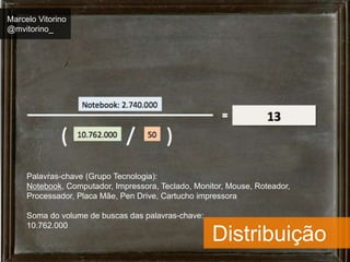 Marcelo Vitorino 
@mvitorino_ 
Palavras-chave (Grupo Tecnologia): 
Notebook, Computador, Impressora, Teclado, Monitor, Mouse, Roteador, 
Processador, Placa Mãe, Pen Drive, Cartucho impressora 
Distribuição 
Soma do volume de buscas das palavras-chave: 
10.762.000 
 