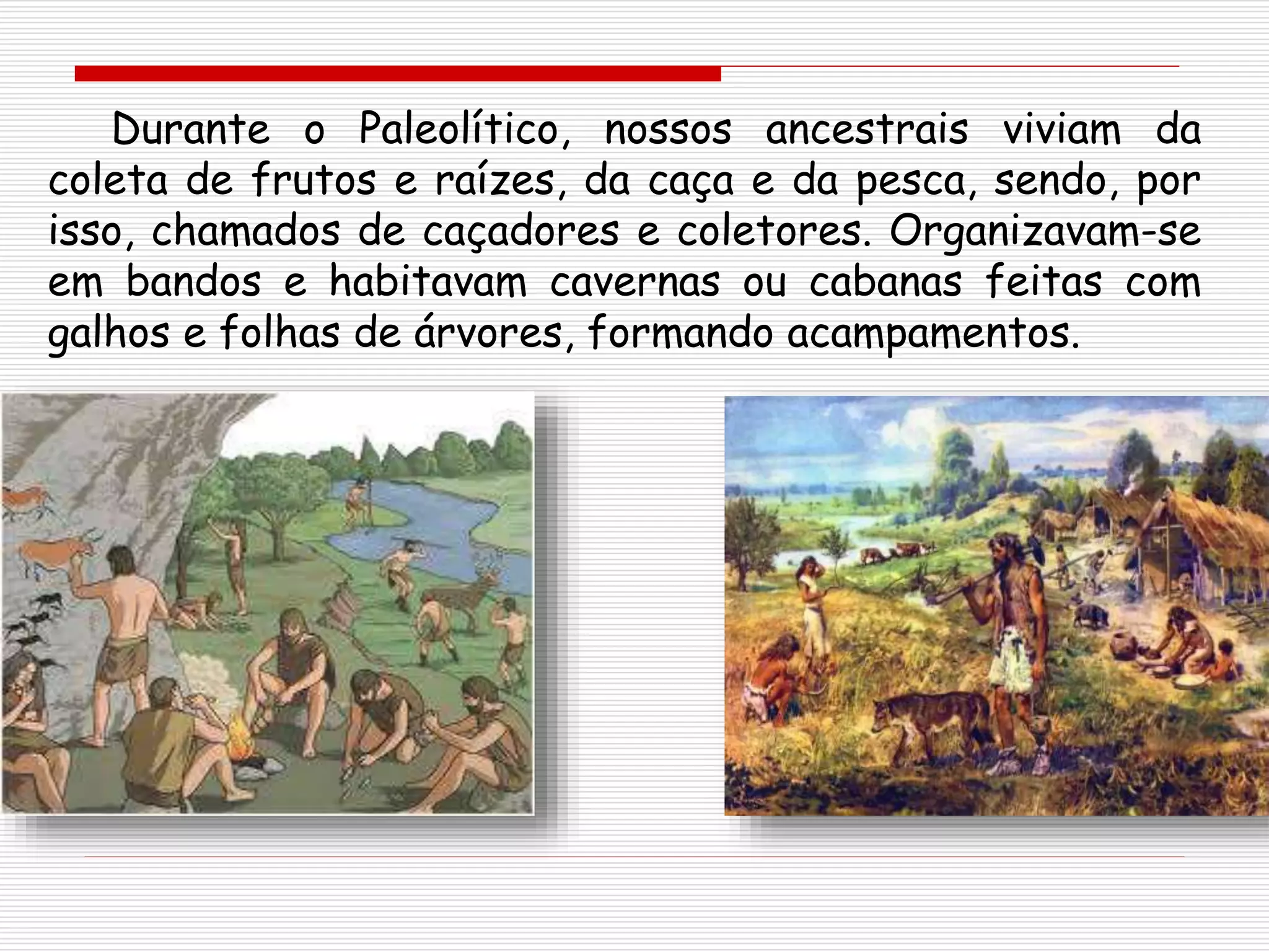 Durante o Paleolítico, nossos ancestrais viviam da
coleta de frutos e raízes, da caça e da pesca, sendo, por
isso, chamados de caçadores e coletores. Organizavam-se
em bandos e habitavam cavernas ou cabanas feitas com
galhos e folhas de árvores, formando acampamentos.
 